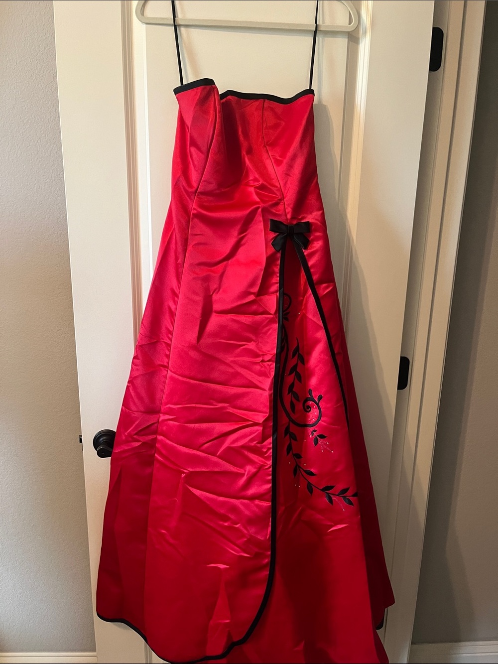 Strapless Red Satin Formal Gown with Black Trim